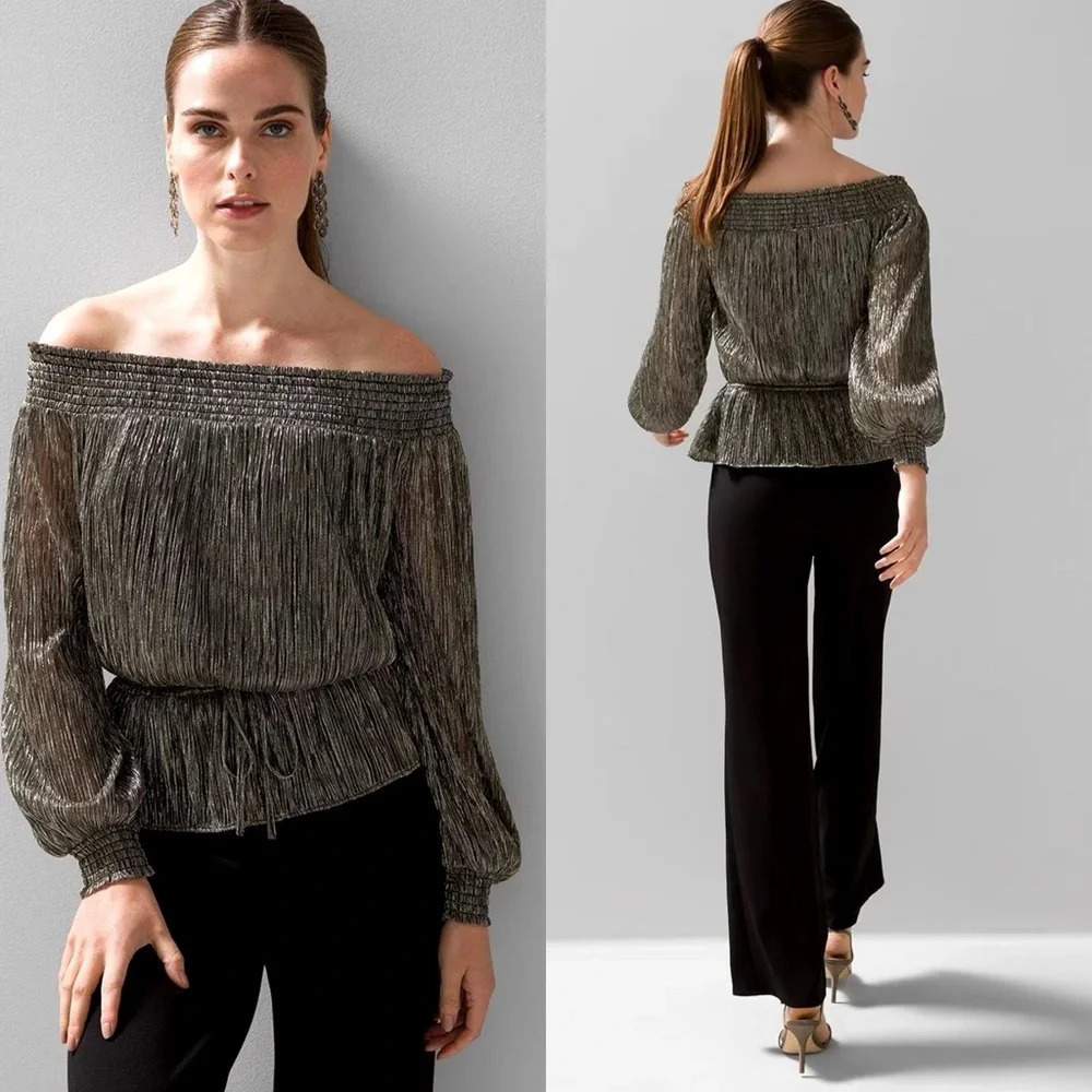 White House Black Market Off the shoulder Metallic Shimmer Long Sleeve Top NWT M